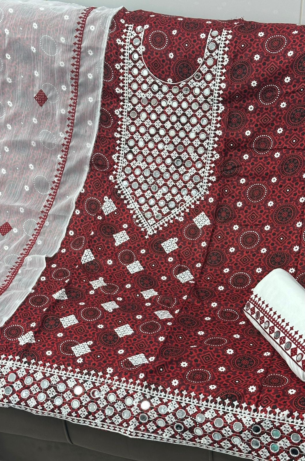 Ajrak Original Mirror Work Machine Embroiderd 3pc Dress 👗
