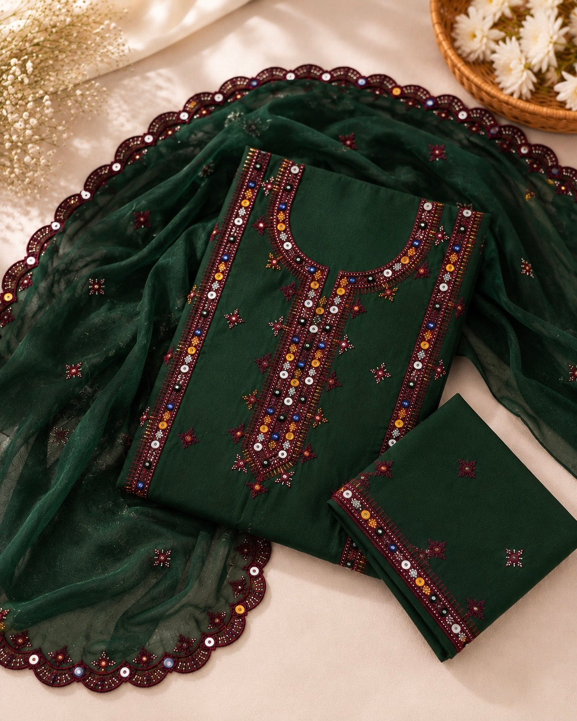 Balochi Thick Thread Embroidered Lawn Cotton with Two Side Cutwork Border Embroidered Dupatta - 3PC Unstitch Dress 👗