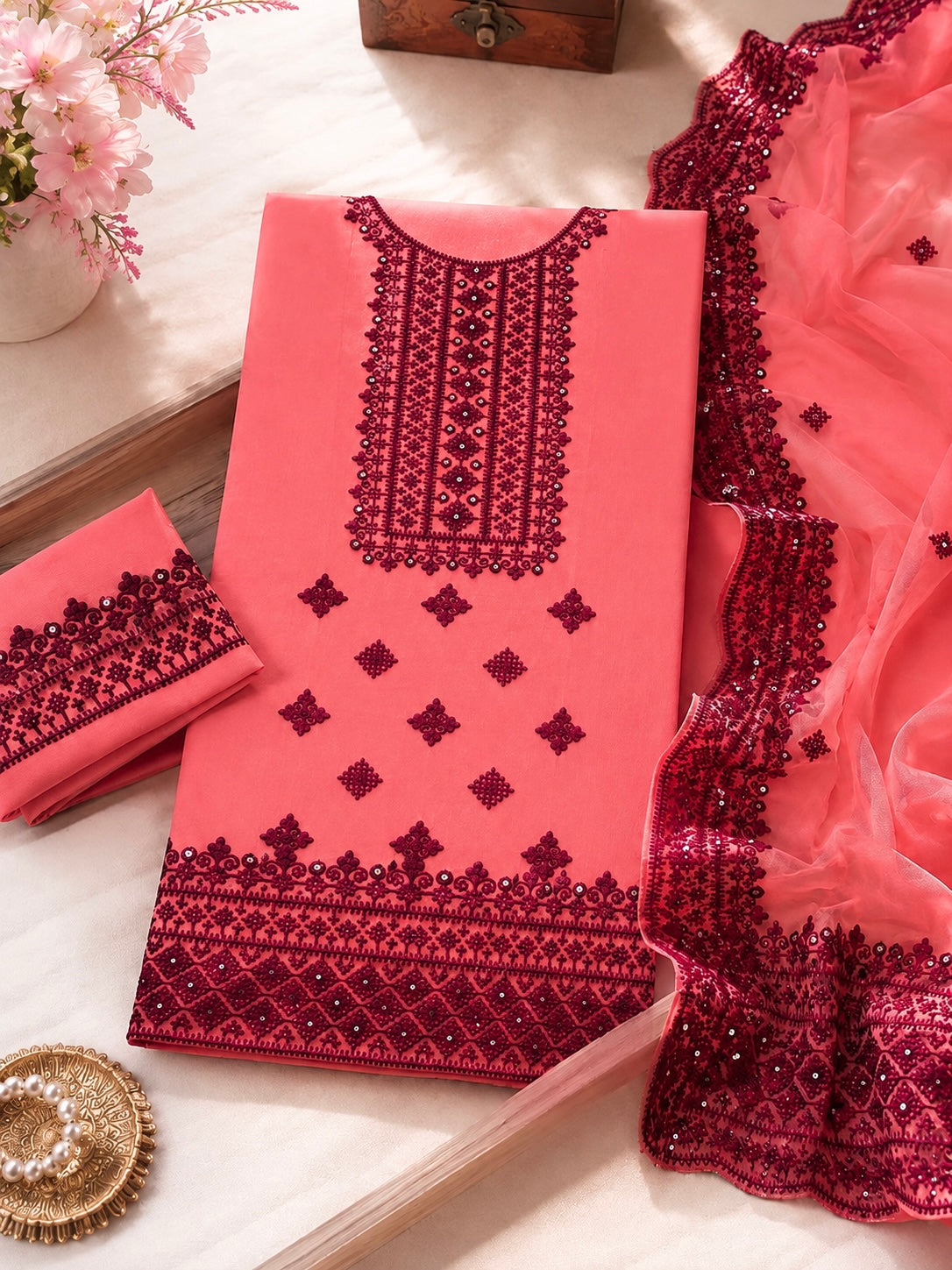 Hurmucha Machine Work & Sitara Foil Detailing Embroidered Lawn Cotton with Chiffon Dupatta – 3PC Unstitch Dress 👗