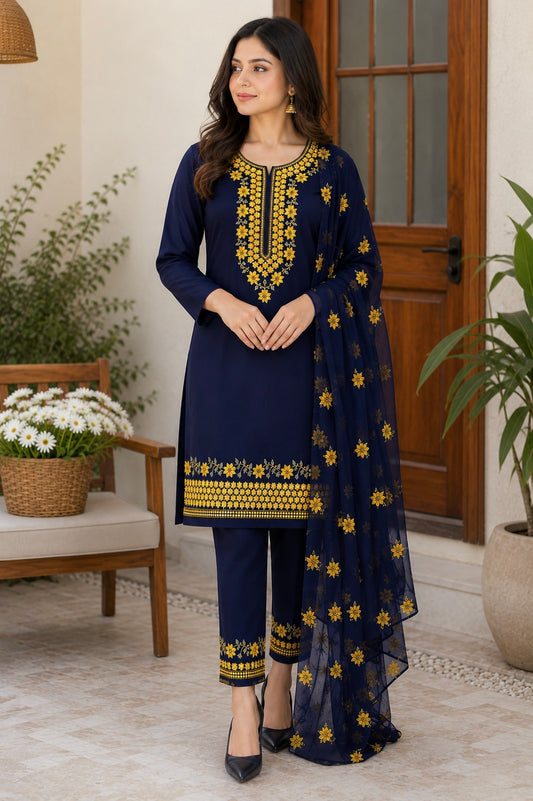 Two-Tone 3MM Sitara Thick Thread Flower Work Embroidery Soft Cotton with Chiffon Dupatta - 3PC Unstitch Dress 👗
