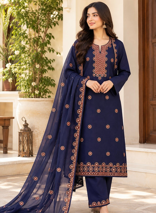 9MM Sitara Resham Thread Machine Embroidered Soft Cotton with Chiffon Dupatta - 3PC Unstitched Dress 👗
