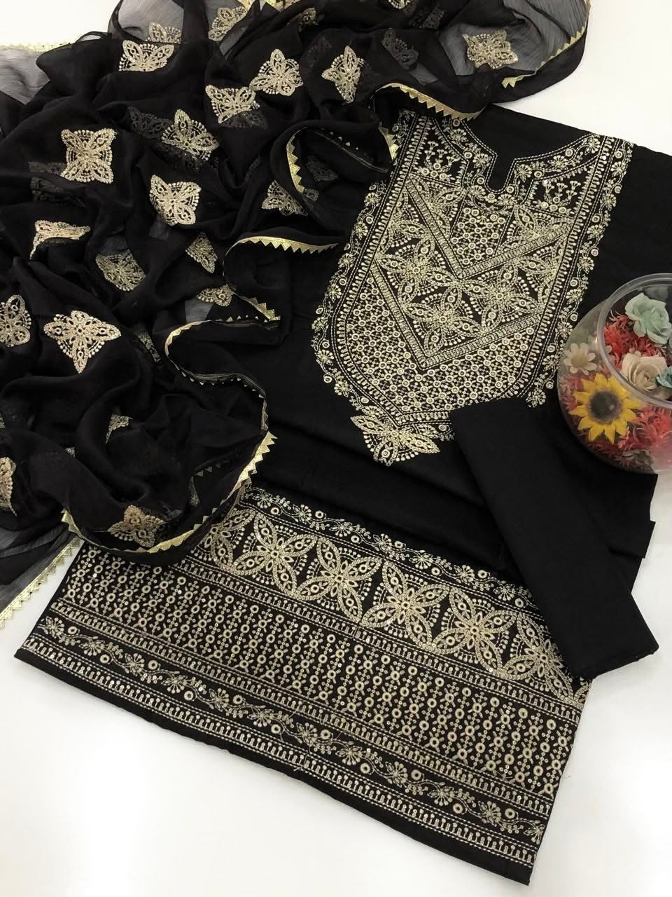 Black Soft Cotton Embroidered Suit with 3mm Sequence Work & Chiffon Dupatta – 3PC Unstitch Dress 👗
