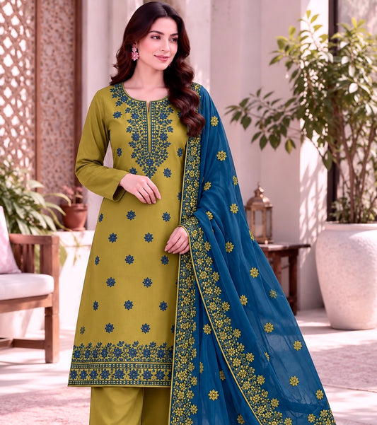 Computer Flower Patti Applique Embroidered Soft Cotton with Chiffon Dupatta - 3PC Unstitch Dress 👗