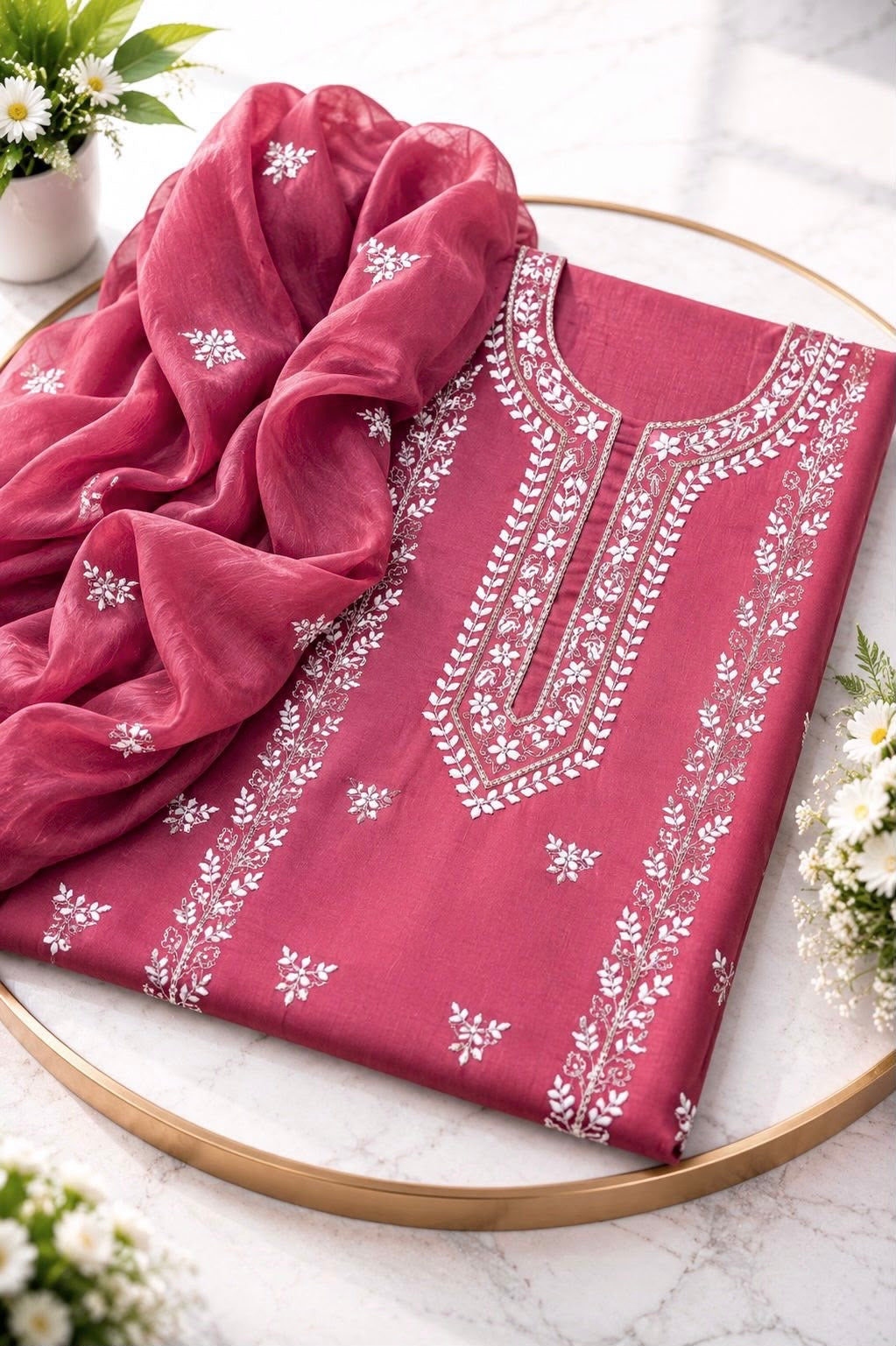 Handmade Applique Leaf, Zari & Pearl Work Lawn Fabric With Chiffon Dupatta 3PC Dress