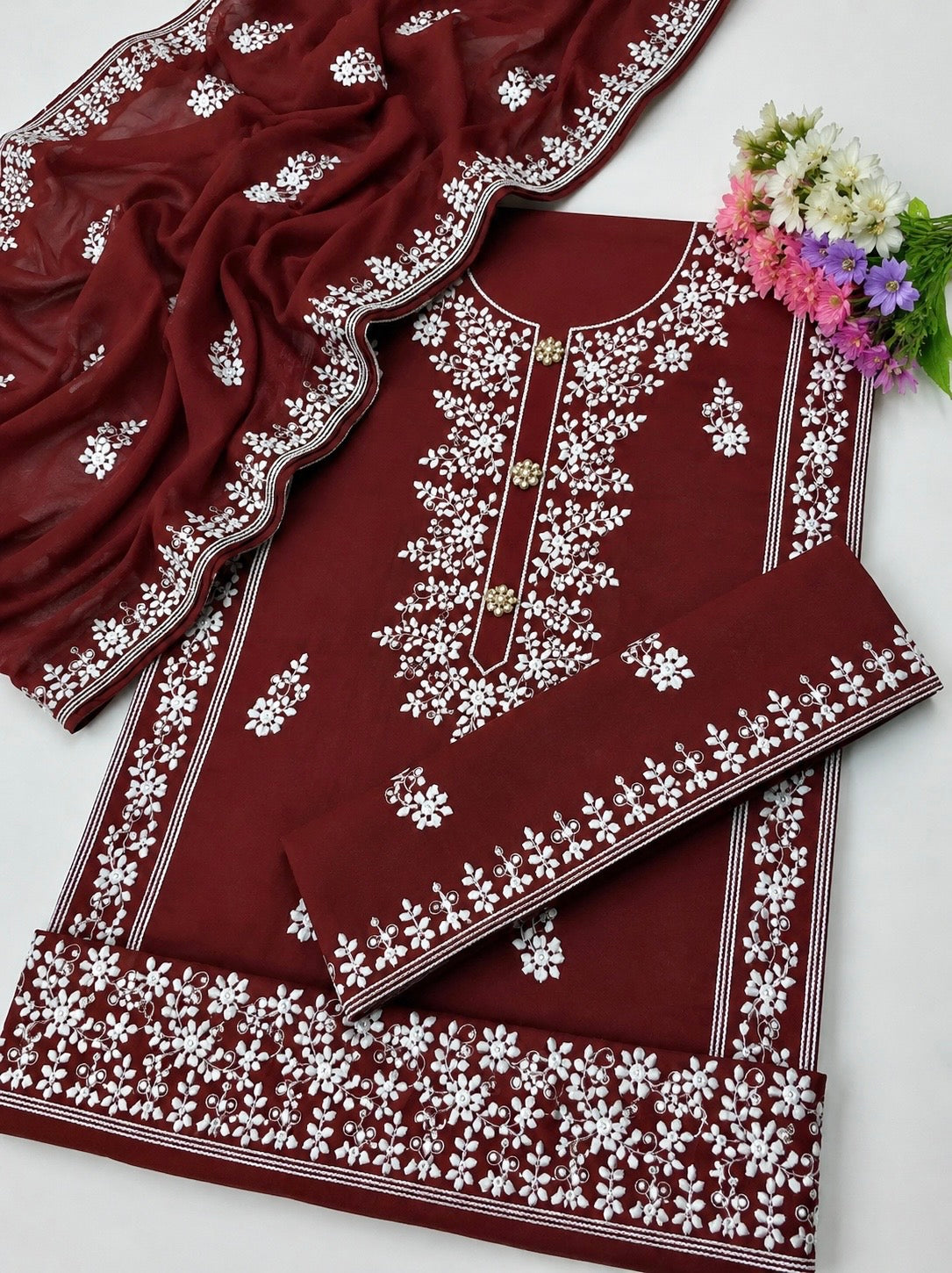 Applic Patti Style Sitara Embroidered Lawn Cotton Shirt & Trouser with Chiffon Embroidered Dupatta - 3PC Unstitch Dress 👗
