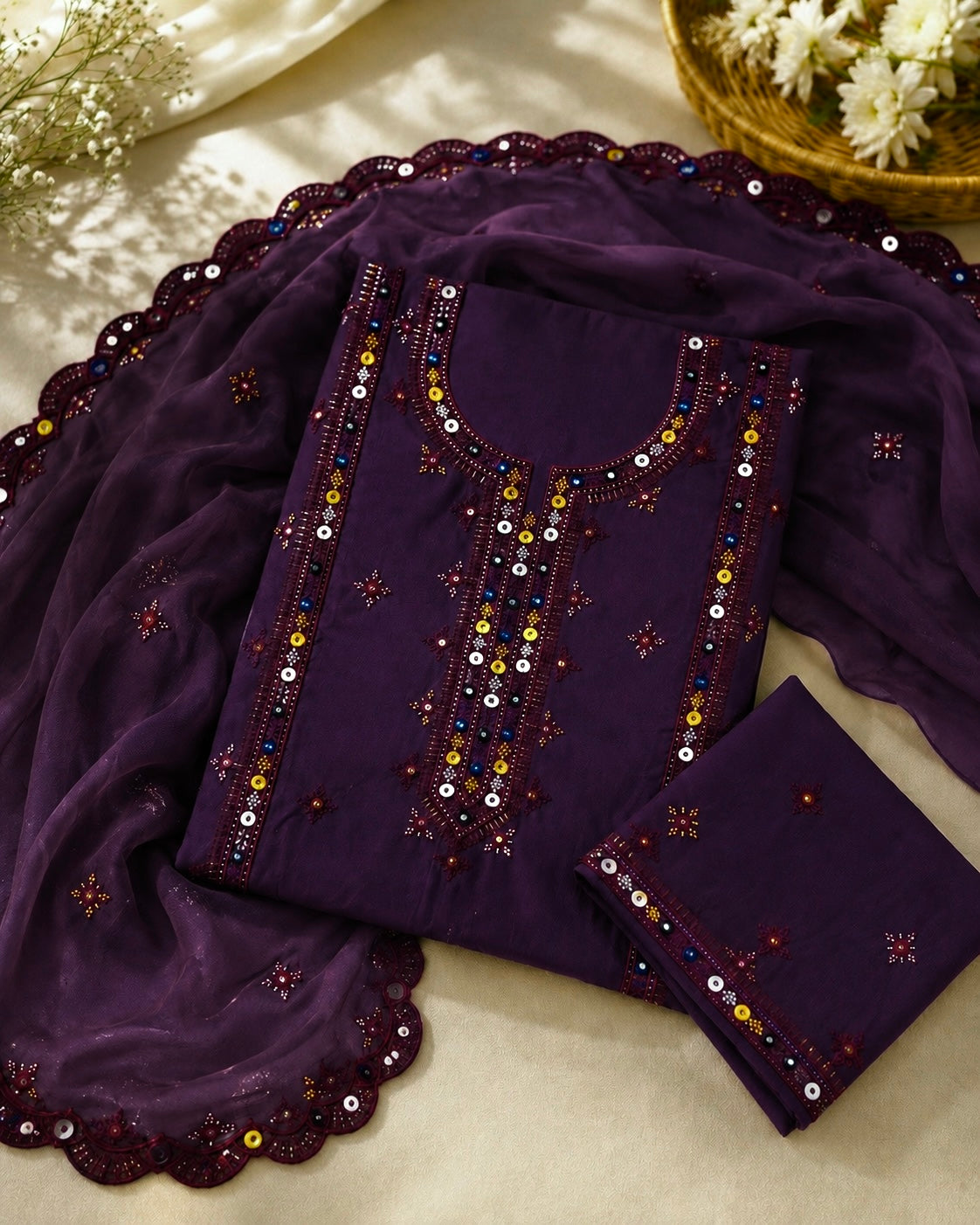 Balochi Thick Thread Embroidered Lawn Cotton with Two Side Cutwork Border Embroidered Dupatta - 3PC Unstitch Dress 👗