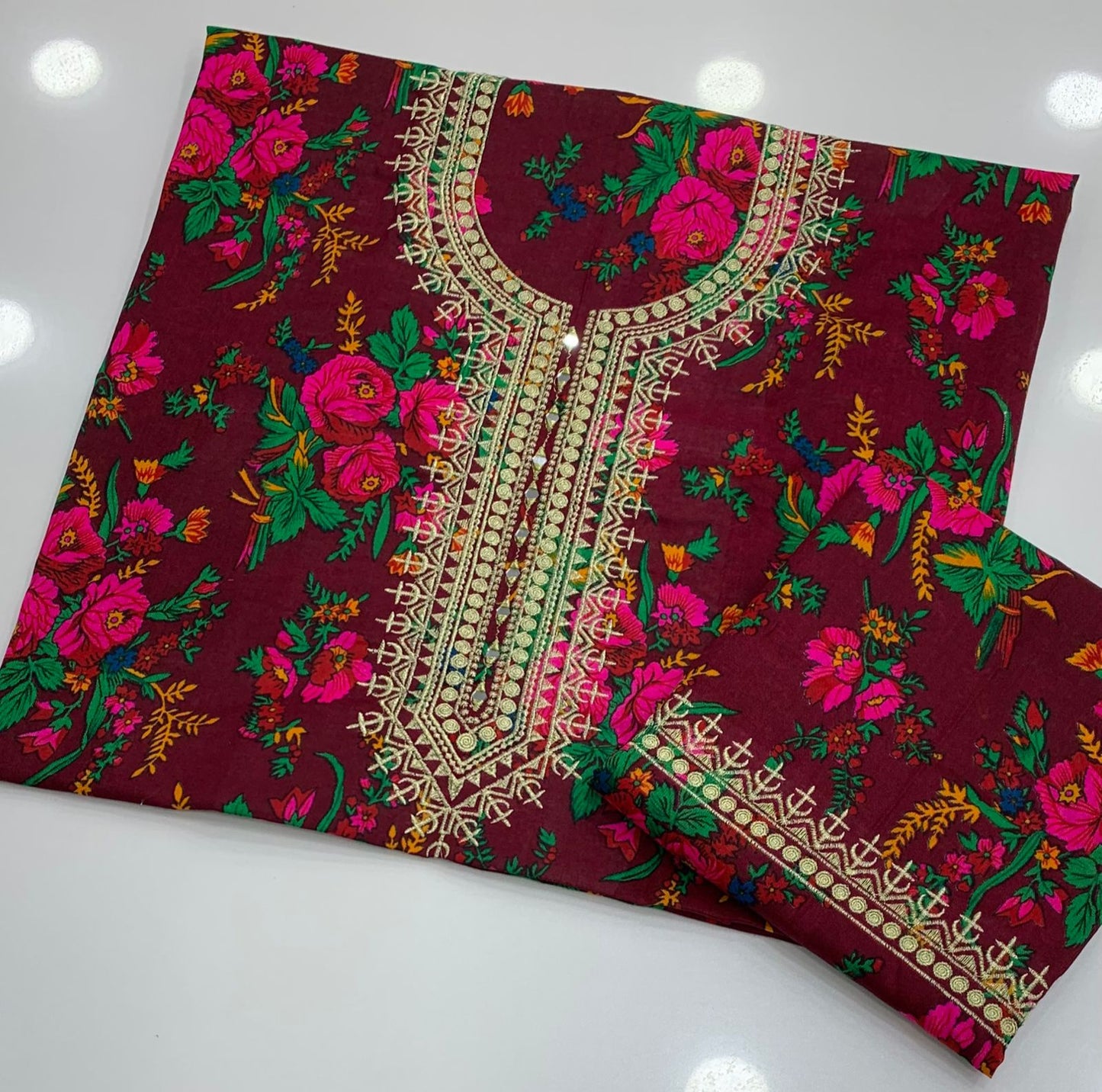 Winter 2-Piece Acrylic Marina Floral Print Suit with Zari Mirror Work