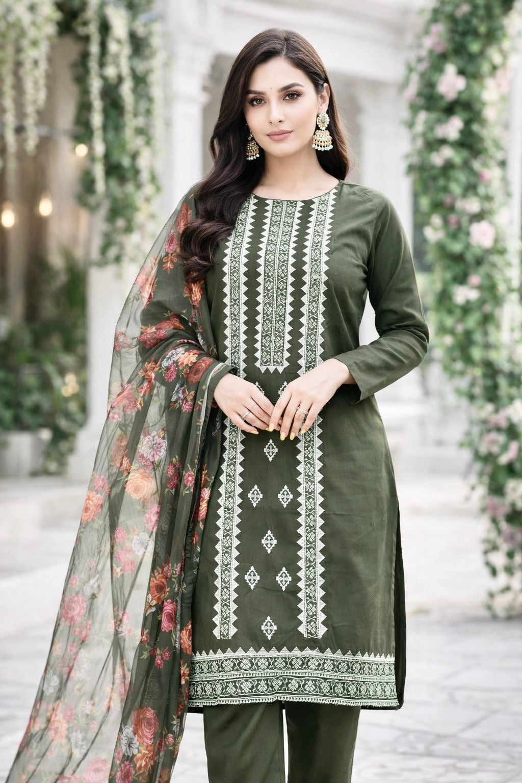 Computer Applique Embroidered Lawn Cotton Shirt & Trouser with Digital Print Floral Chiffon Dupatta - 3PC Unsticth Dress 👗