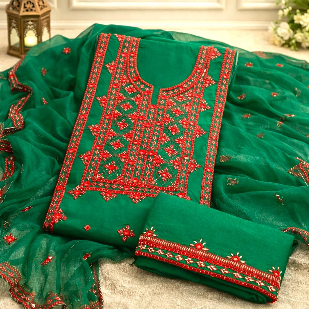 Pure Handmade Balochi Embroidered Unstitched 3-Piece Suit with Original Mirror Work