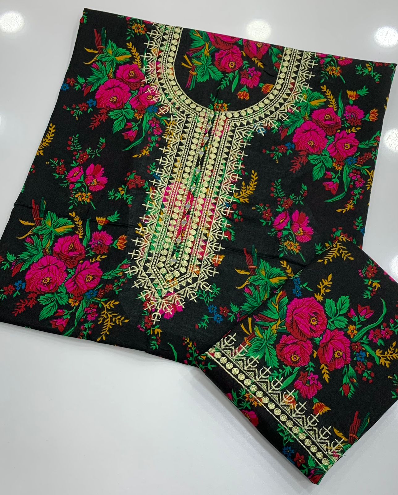 Winter 2-Piece Acrylic Marina Floral Print Suit with Zari Mirror Work