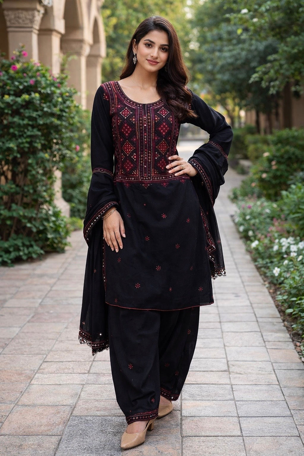 Black Balochi Handmade Mirror Work Lawn Cotton Shirt & Trouser with Chiffon Dupatta - 3PC Unstitch Dress 🖤