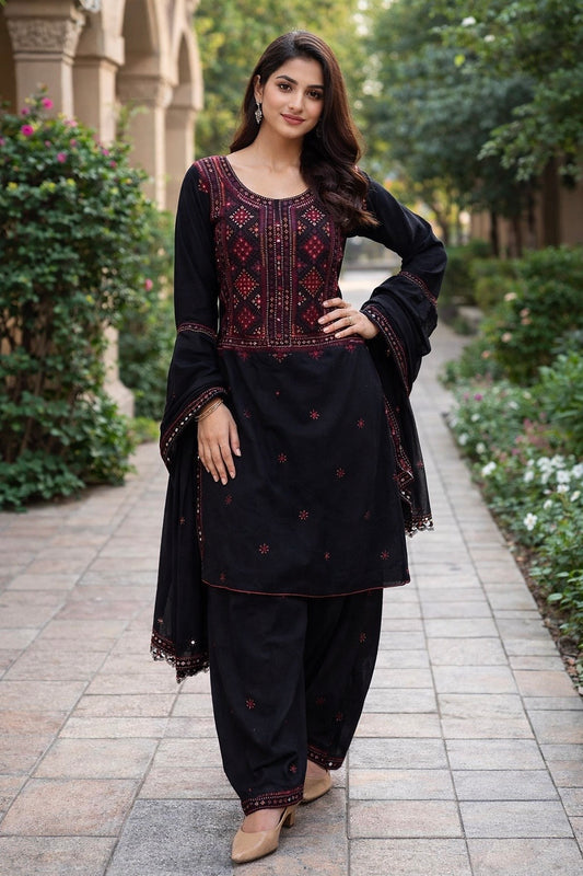 Black Balochi Handmade Mirror Work Lawn Cotton Shirt & Trouser with Chiffon Dupatta - 3PC Unstitch Dress 🖤