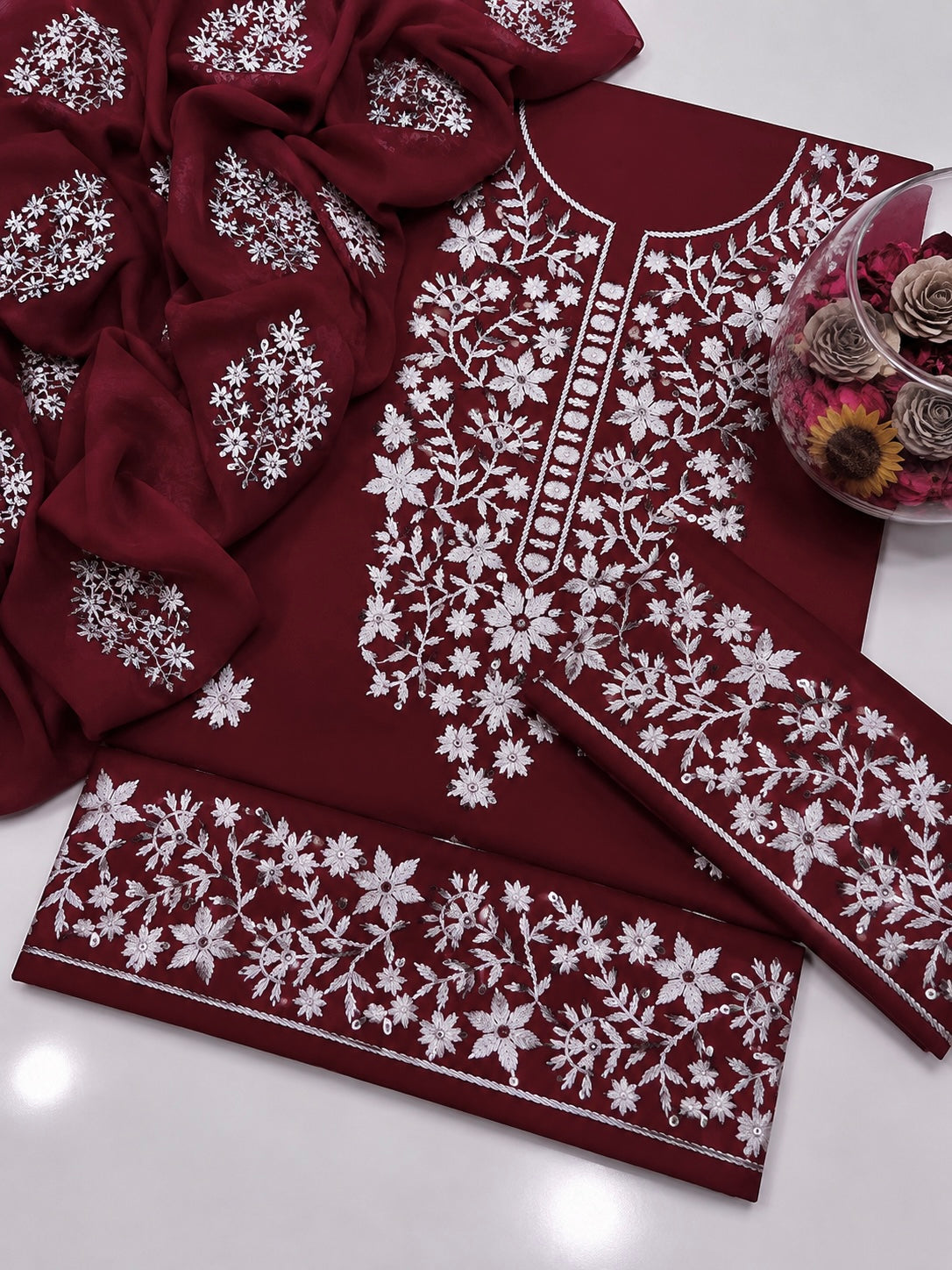 White Thick Thread Sequence Sitara Embroiderd Lawn Cotton With Chiffon Dupatta - 3PC Unstitch Dress 👗