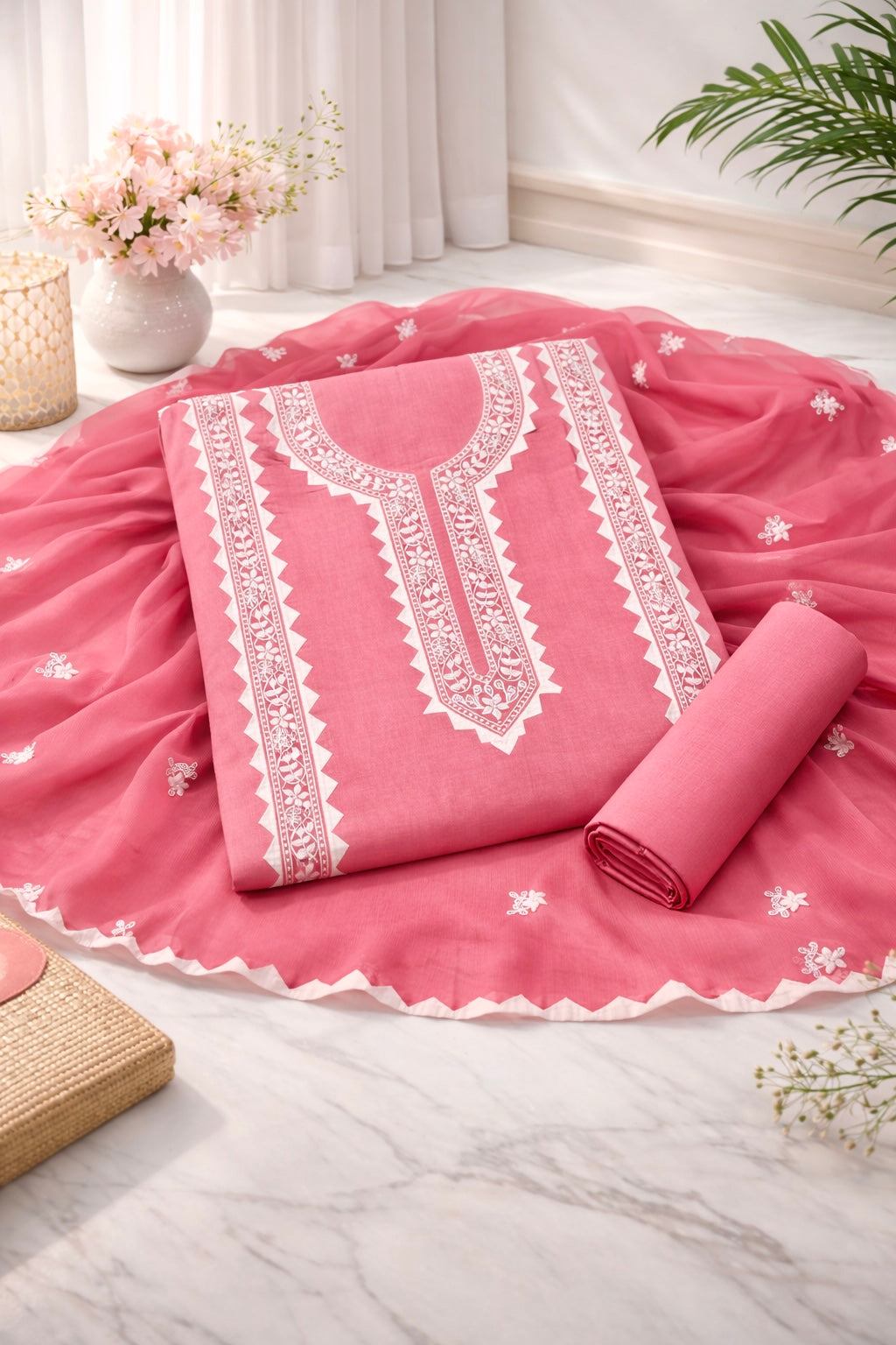 Applique Handmade Thick Thread 3mm Sequence Sitara Embroidery Lawn Cotton with Chiffon Dupatta - 3PC Unstitch Dress 👗