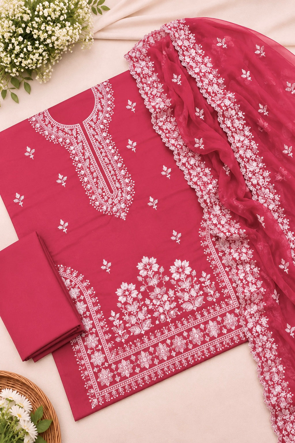 Elegant Computer Embroidered Soft Cotton Shirt & Trouser with Chiffon Cutwork Dupatta - 3PC Unstitched Dress 👗
