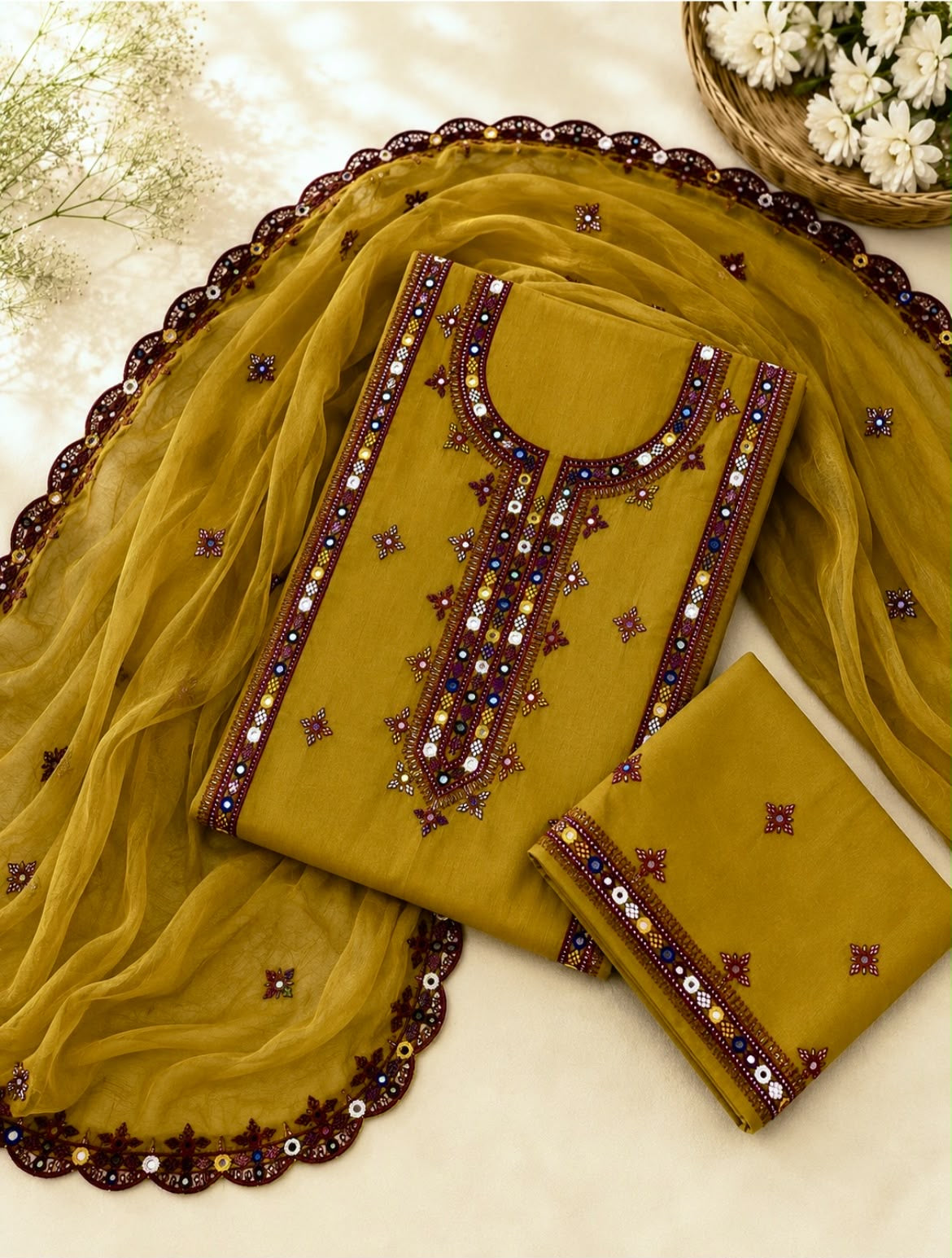 Balochi Thick Thread Embroidered Lawn Cotton with Two Side Cutwork Border Embroidered Dupatta - 3PC Unstitch Dress 👗