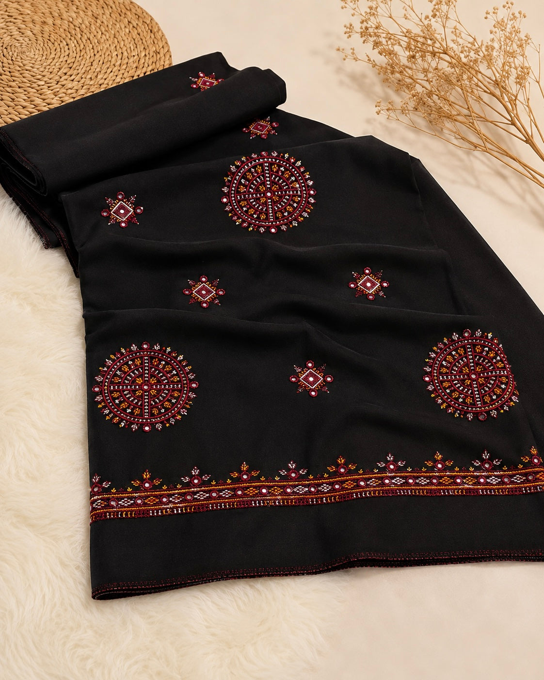Balochi Thick Thread Sitara Bunches Embroidery Work Chader | Swiss Lawn Fabric