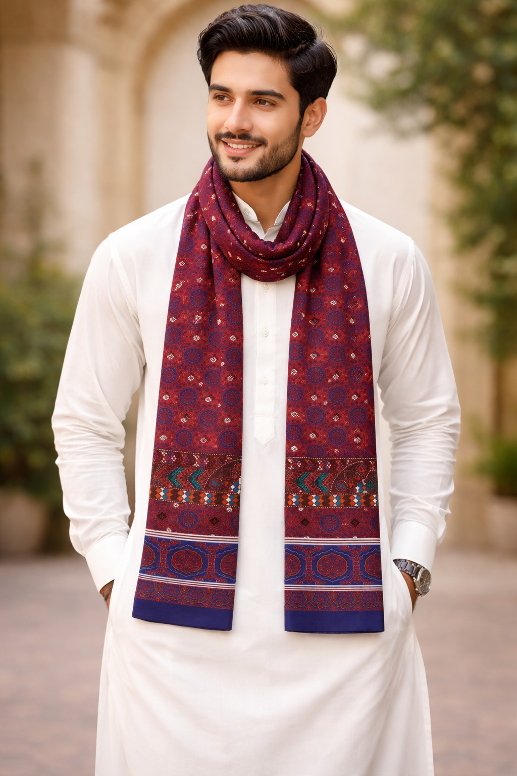 Traditional Sindhi Ajrak Printed Muffler for Men & Women – Red & Blue Handcrafted Design