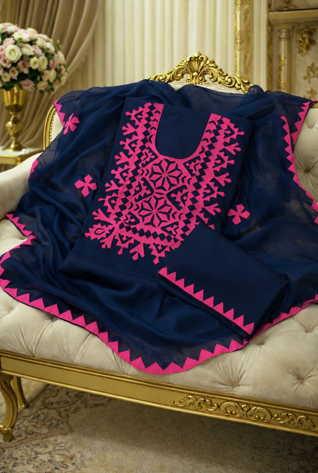 Pure Fancy Handmade Applique Work Soft Cotton Suit with Chiffon Dupatta – 3 Piece Unstitched Dress 👗