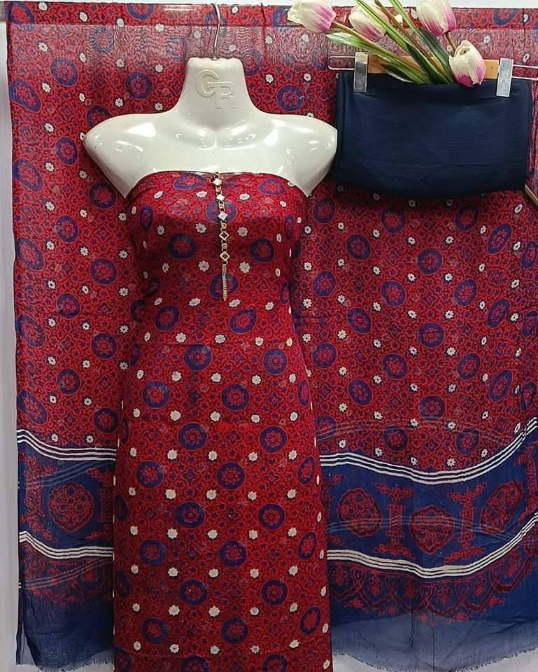 Hand Printed Ajrak Chiffon Shirt & Dupatta Along With Plain Soft Cotton Trouser 3PC Unstitched Dress 👗