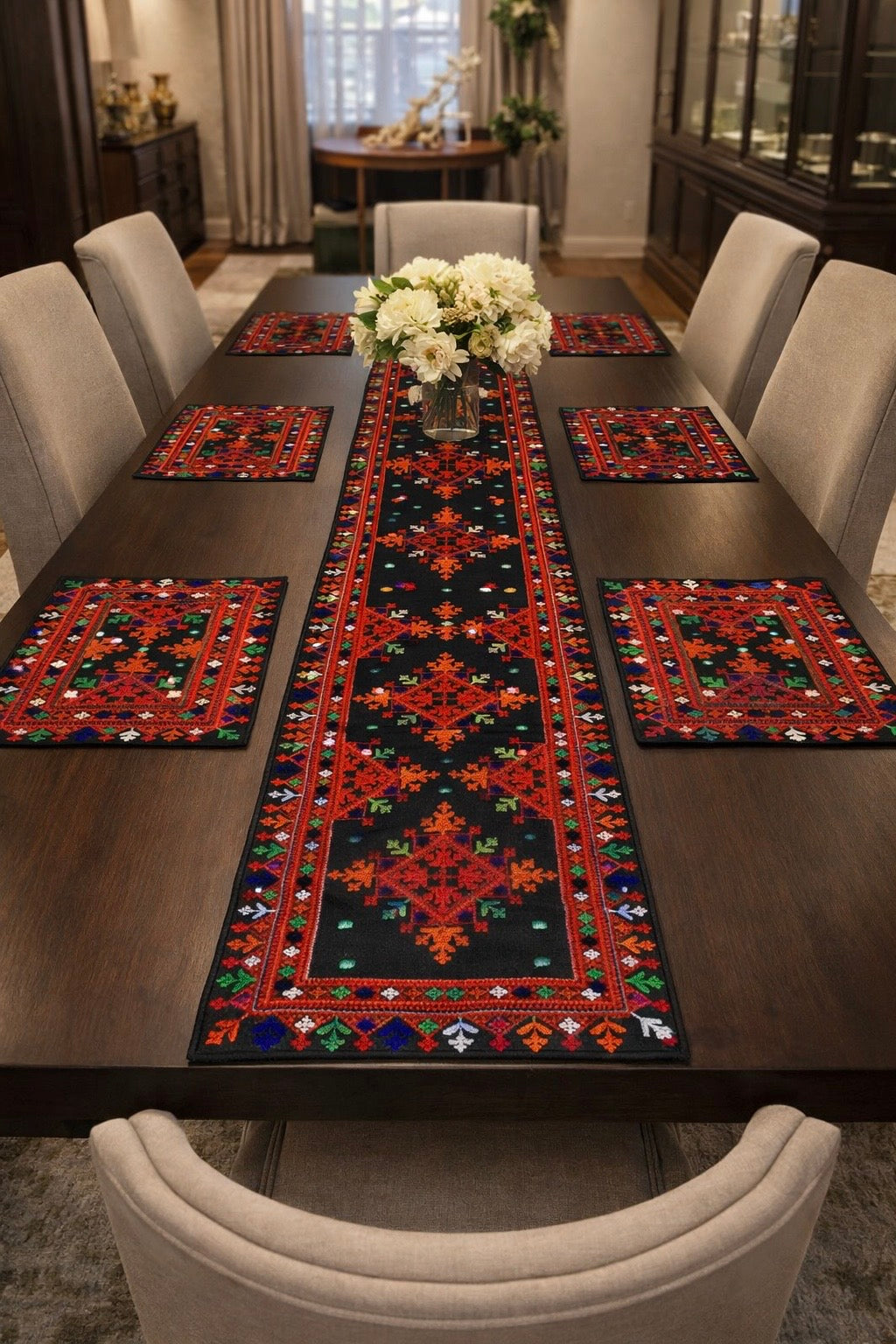 Dinning Table Embroidered Mats With Long Runner 7pc Set