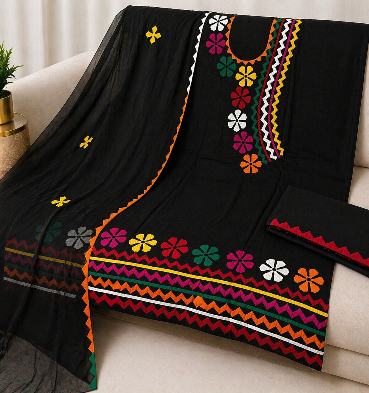 Angrakha Neck Style Multi Applique Work Handmade Lawn Cotton with Chiffon Dupatta - 3PC Unstitch Dress 👗