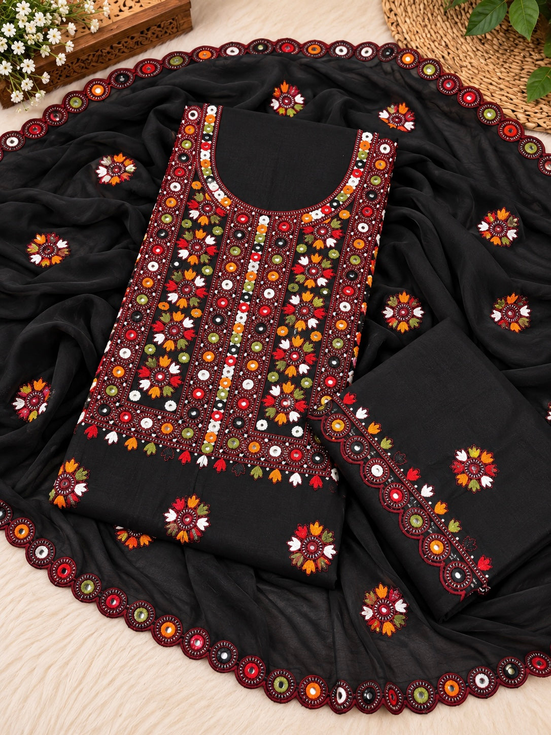 Multi Balochi Thick Thread Sitara Embroidered Soft Cotton with Cutwork Border Chiffon Dupatta - 3PC Unstitched Dress 👗
