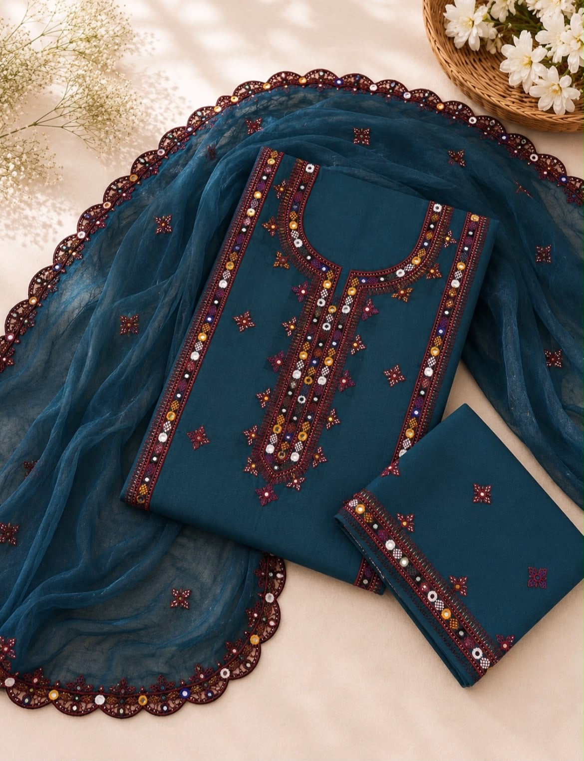 Balochi Thick Thread Embroidered Lawn Cotton with Two Side Cutwork Border Embroidered Dupatta - 3PC Unstitch Dress 👗