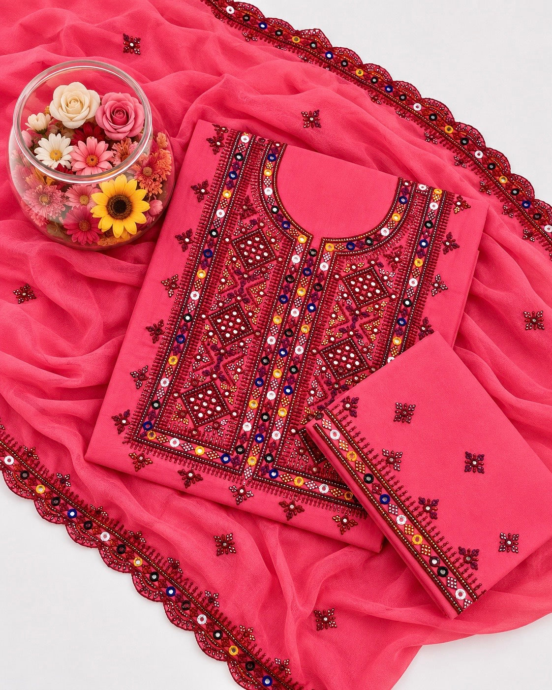 Balochi Thick Thread 9MM Sitara Work Machine Embroidered Soft Cotton with Two Side Cutwork Border Chiffon Dupatta - 3PC Unstitched Dress 👗