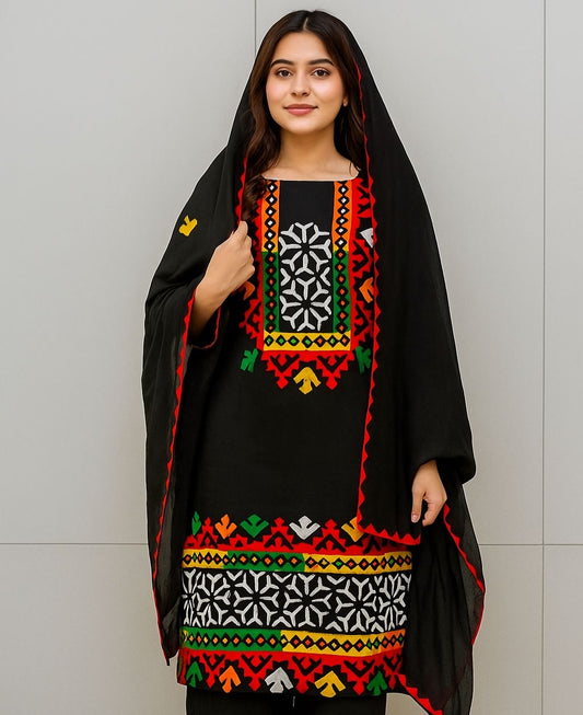 Multi Applic Handwork Fancy 3pc Dress