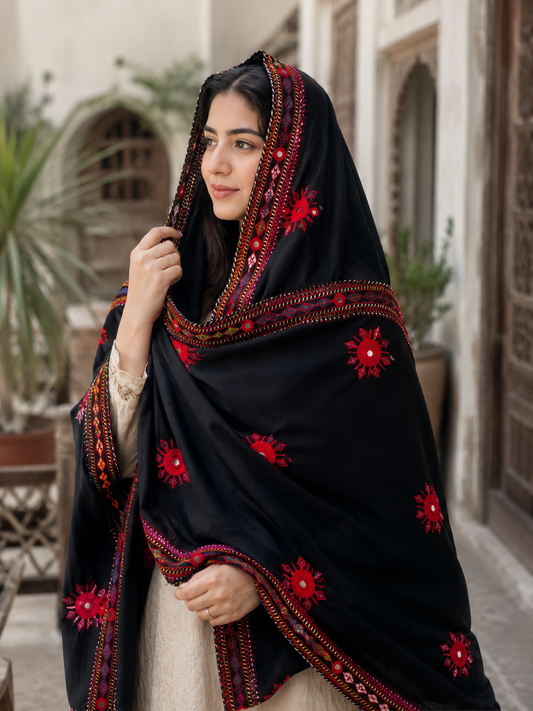Balochi Heavy Four Border Original Mirror Work Handmade Chadar | Swiss Voile Fabric