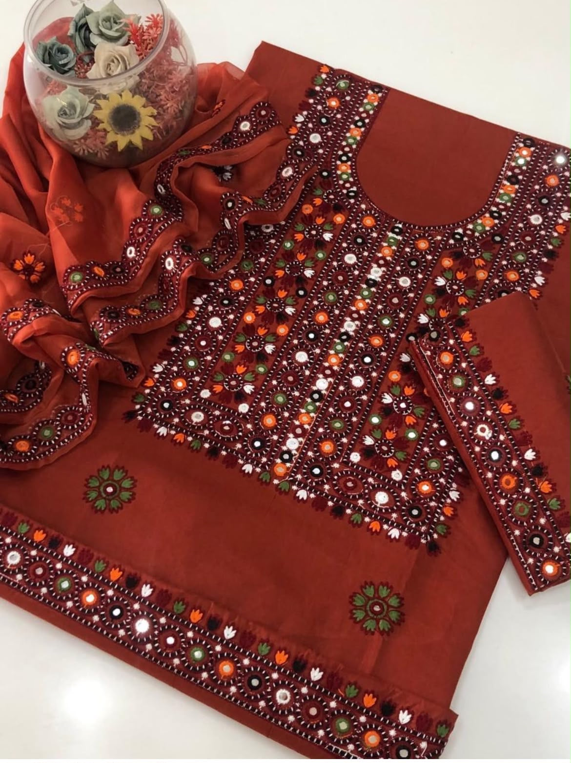 Balochi Multi Thick Thread 9MM Sitara Heavy Embroidered Lawn Cotton with Chiffon Dupatta – 3PC Unstitched Dress