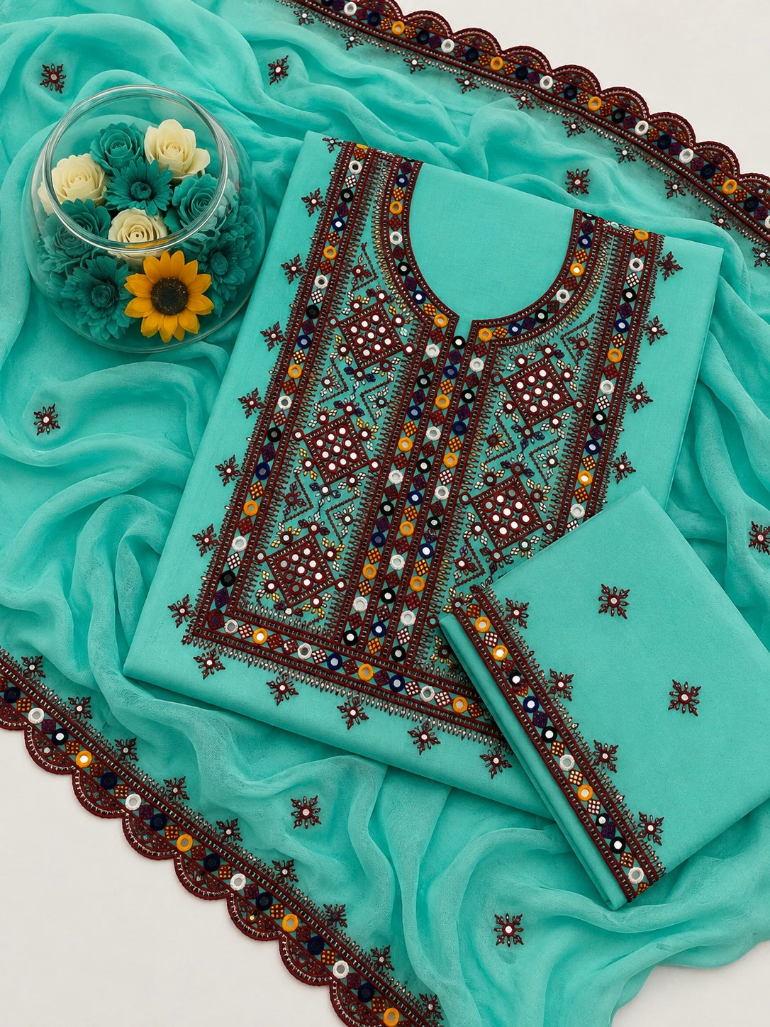 Balochi Thick Thread 9MM Sitara Work Machine Embroidered Soft Cotton with Two Side Cutwork Border Chiffon Dupatta - 3PC Unstitched Dress 👗