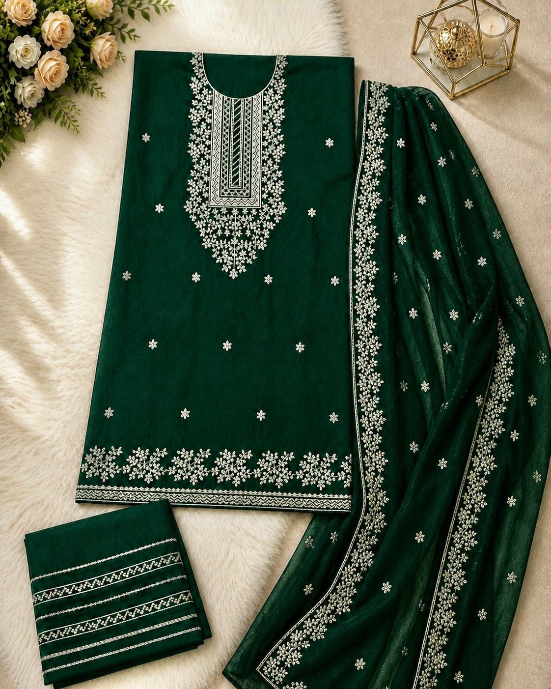 Applic Patti Zari Embroidered Lawn Cotton with Chiffon Dupatta - 3PC Unstitch Dress 👗
