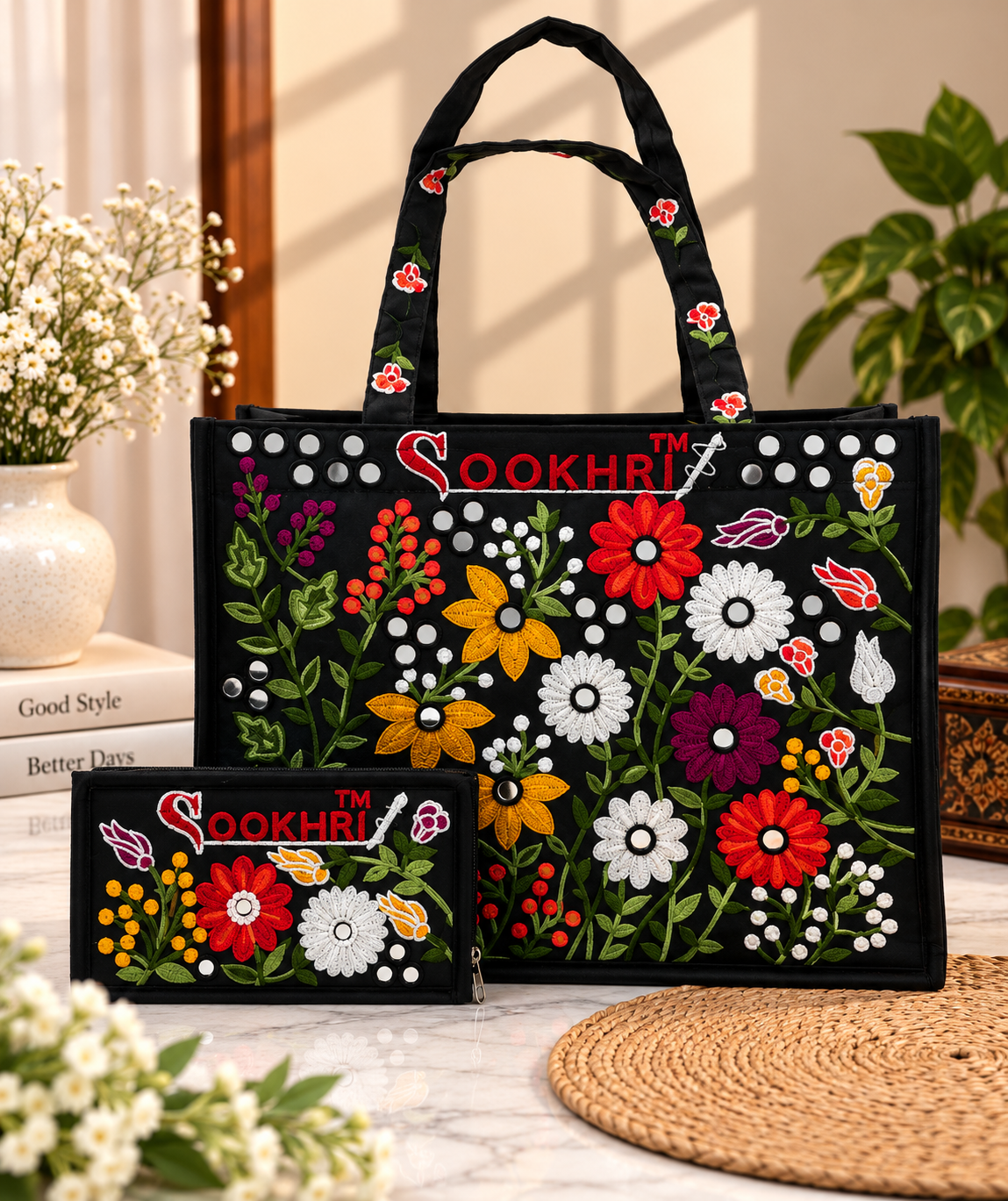 Traditional Multi-Pattern Antique Embroidered Handbag with Matching Clutch