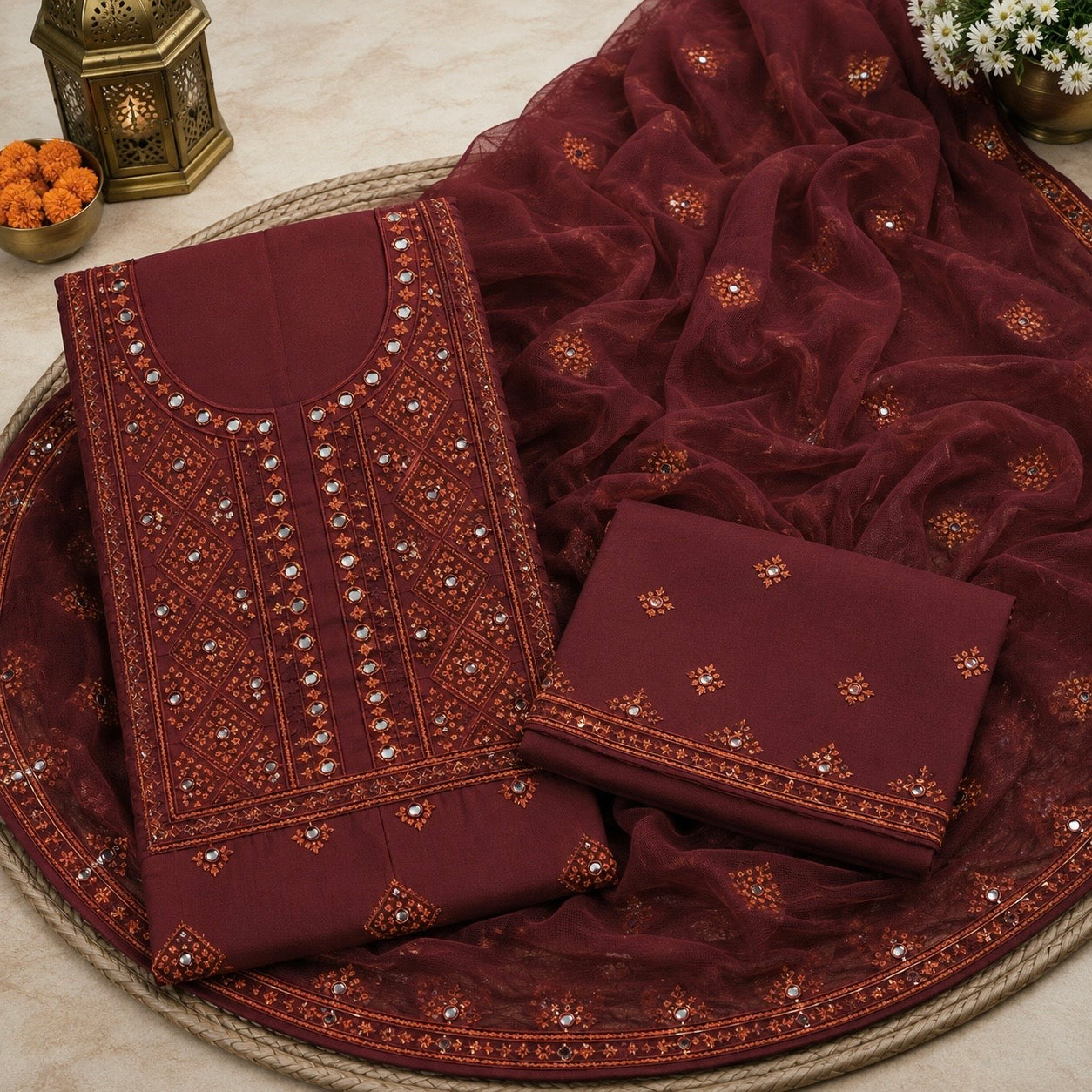 Balochi Style Thick Thread 9MM Sitara Embroidered Lawn Cotton with Chiffon Dupatta - 3PC Unstitch Dress 👗