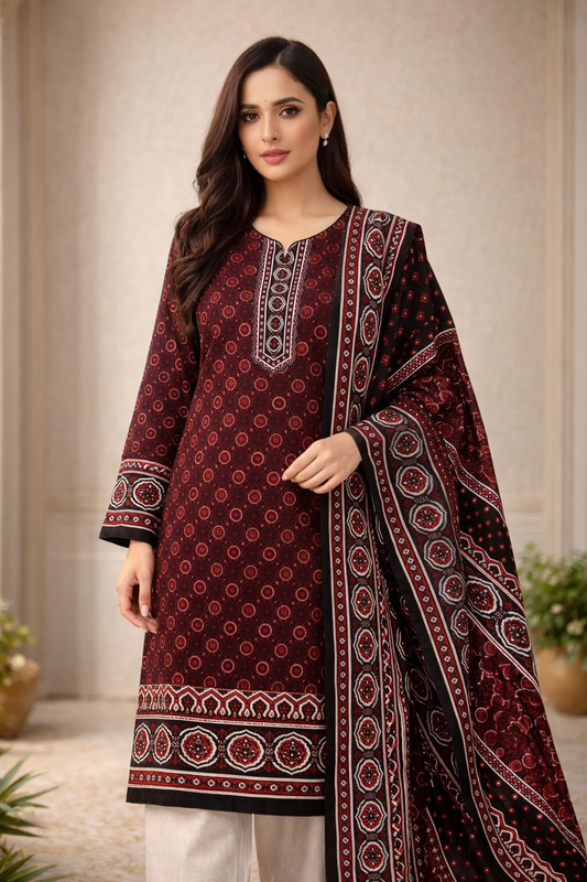 Ajrak Print Premium Lawn Cotton 3-Piece Unstitched Dress 👗