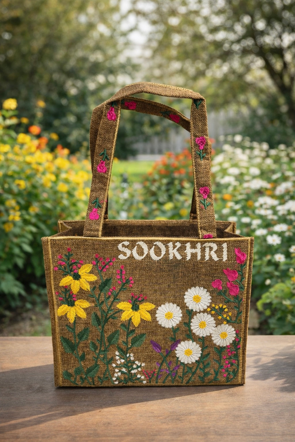 Floral Embroidered Jute Fabric Tote Bag – Medium Size