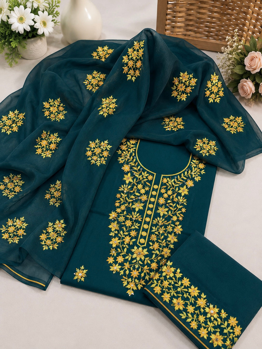 3MM Sitara Two-Tone Thick Thread Machine Embroidered Soft Cotton with Chiffon Dupatta - 3PC Unstitch Dress 👗
