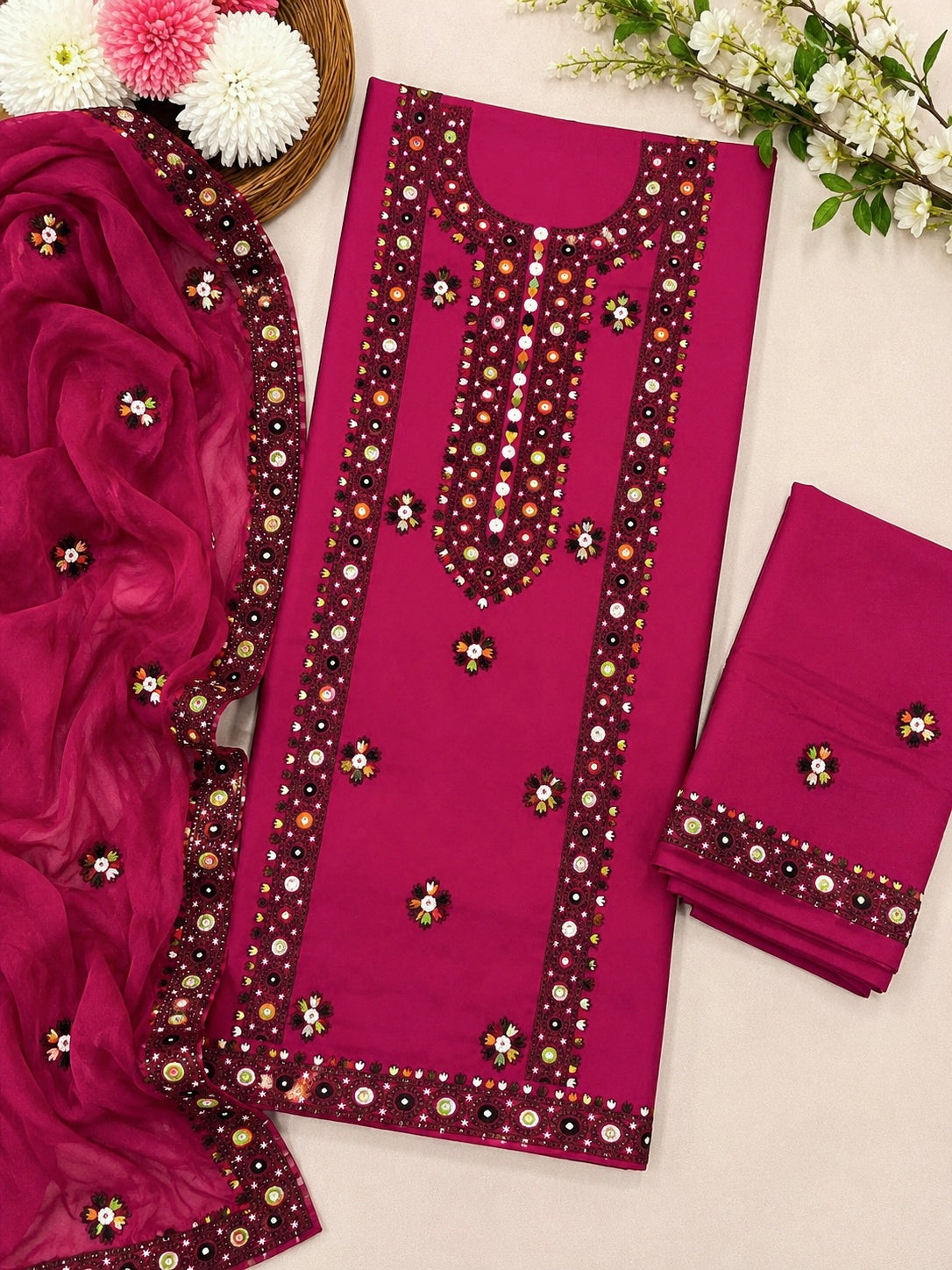Balochi Multi Thick Thread & 9MM Sitara Heavy Embroidered Lawn Cotton Shirt & Trouser with Chiffon Dupatta | 3 Piece Unstitched Dress