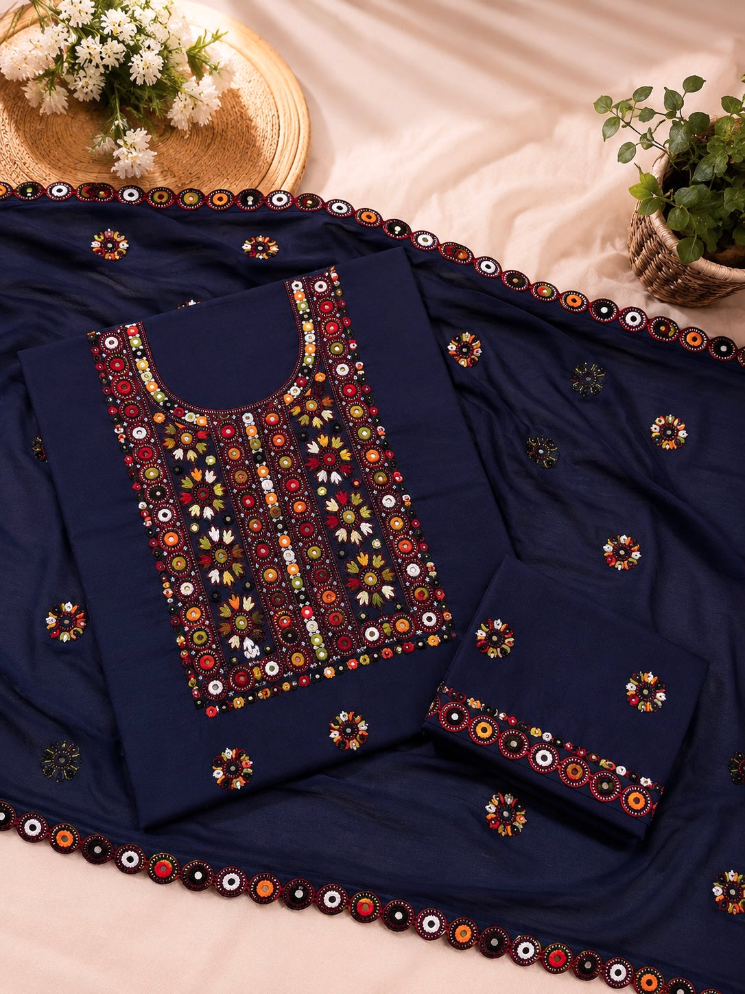 Multi Balochi Thick Thread Sitara Embroidered Soft Cotton with Cutwork Border Chiffon Dupatta - 3PC Unstitched Dress 👗
