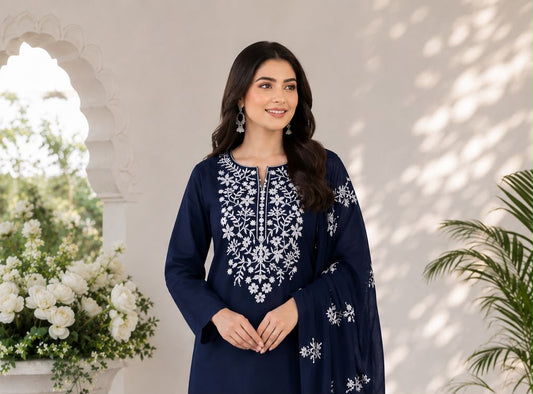 White Thick Thread Sequence Sitara Embroiderd Lawn Cotton With Chiffon Dupatta - 3PC Unstitch Dress 👗