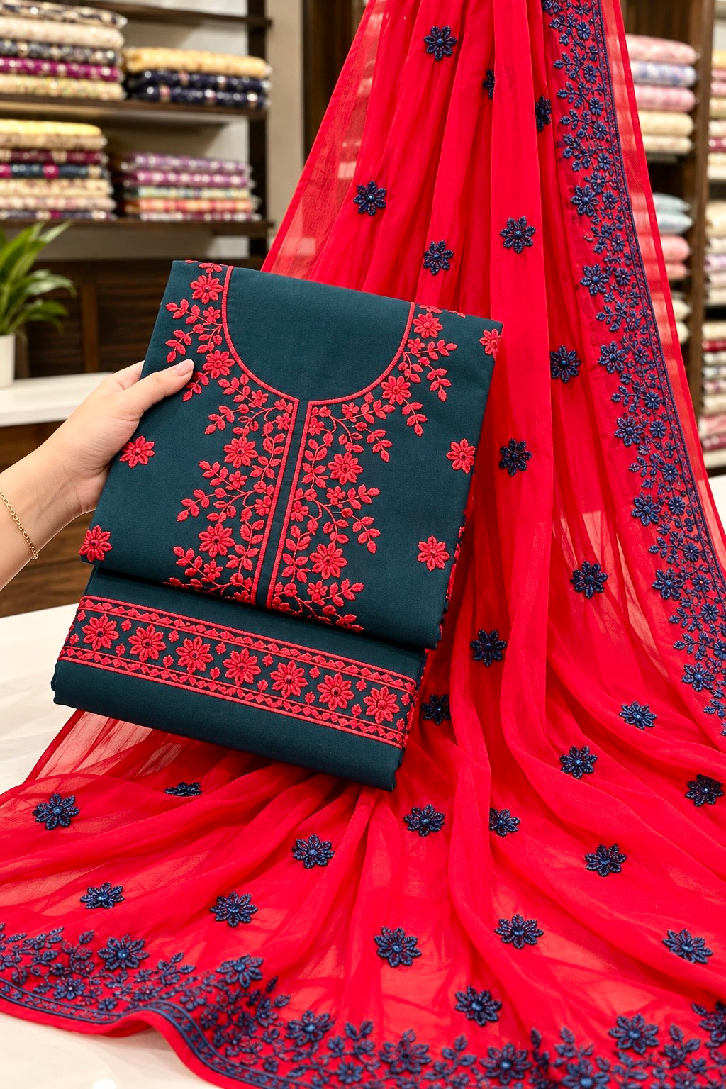 Computer Flower Patti Applique Embroidered Soft Cotton with Chiffon Dupatta - 3PC Unstitch Dress 👗