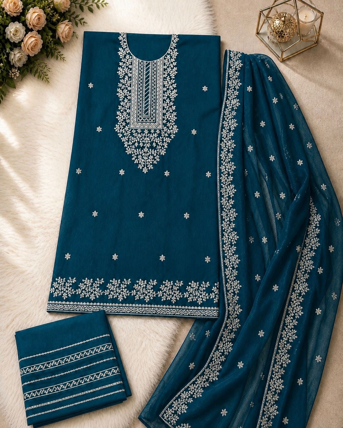Applic Patti Zari Embroidered Lawn Cotton with Chiffon Dupatta - 3PC Unstitch Dress 👗