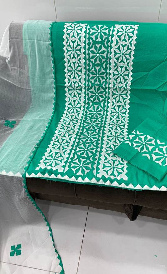 Soft Cotton 3-Piece Applique Handwork Dress with Chiffon Dupatta