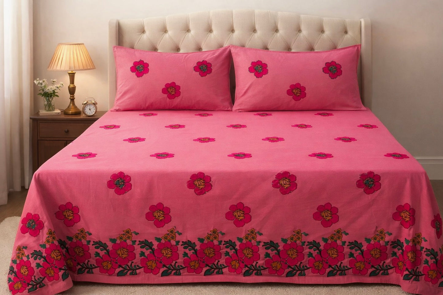 Floral Arri Embroidered Work King Size Double Bed Bedsheet With Two Stitched Pillow Covers