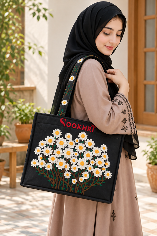 Premium Jute Tote Bag with Double-Sided Floral Embroidery & Top Zipper (Large Size)