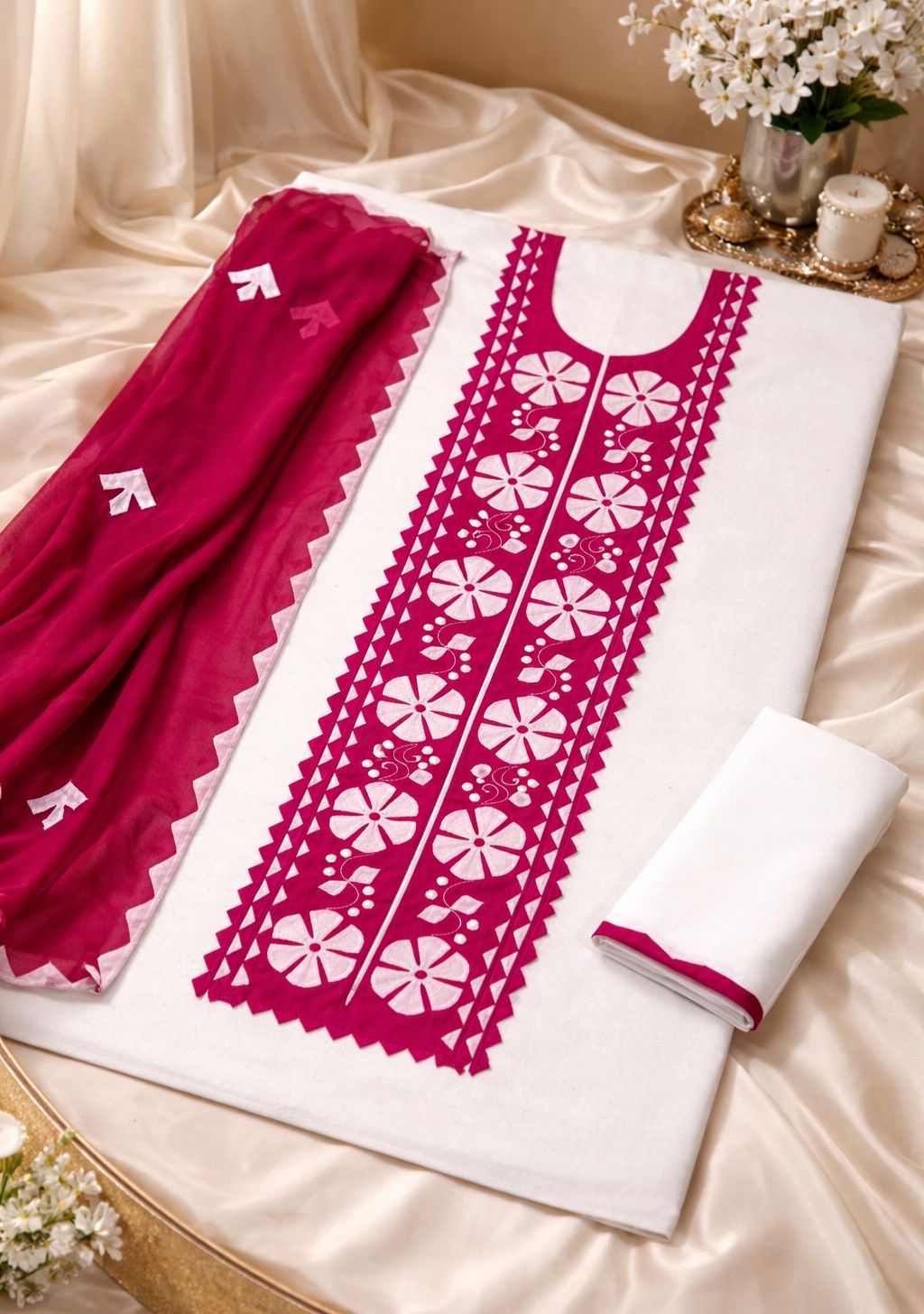 Handmade Applique Work Suit – Soft Cotton Fabric with Contrast Chiffon Dupatta - 3PC Unstitch Dress