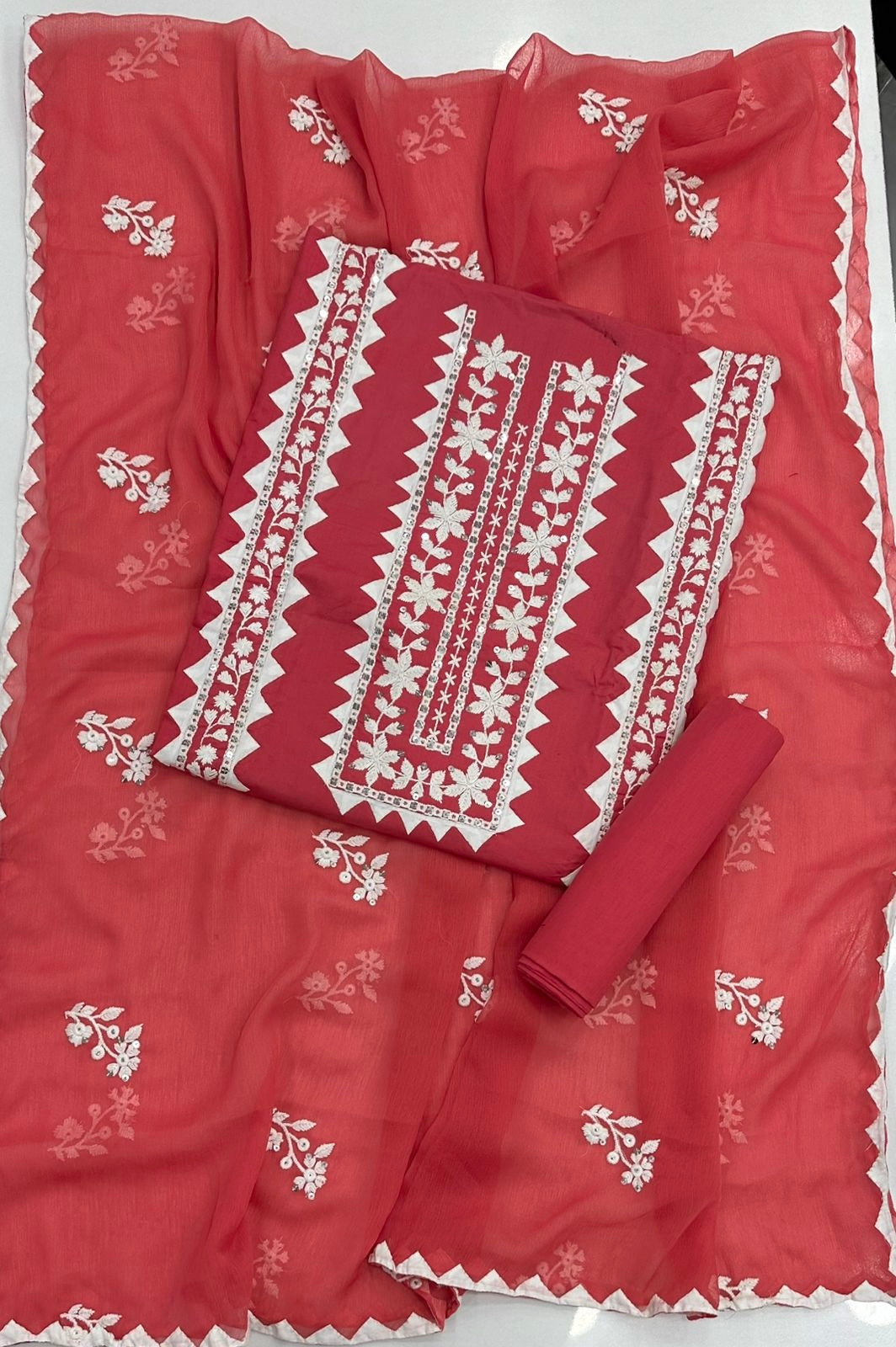 Elegant Applic+Thick Thread Work 3-Piece Cotton Suit