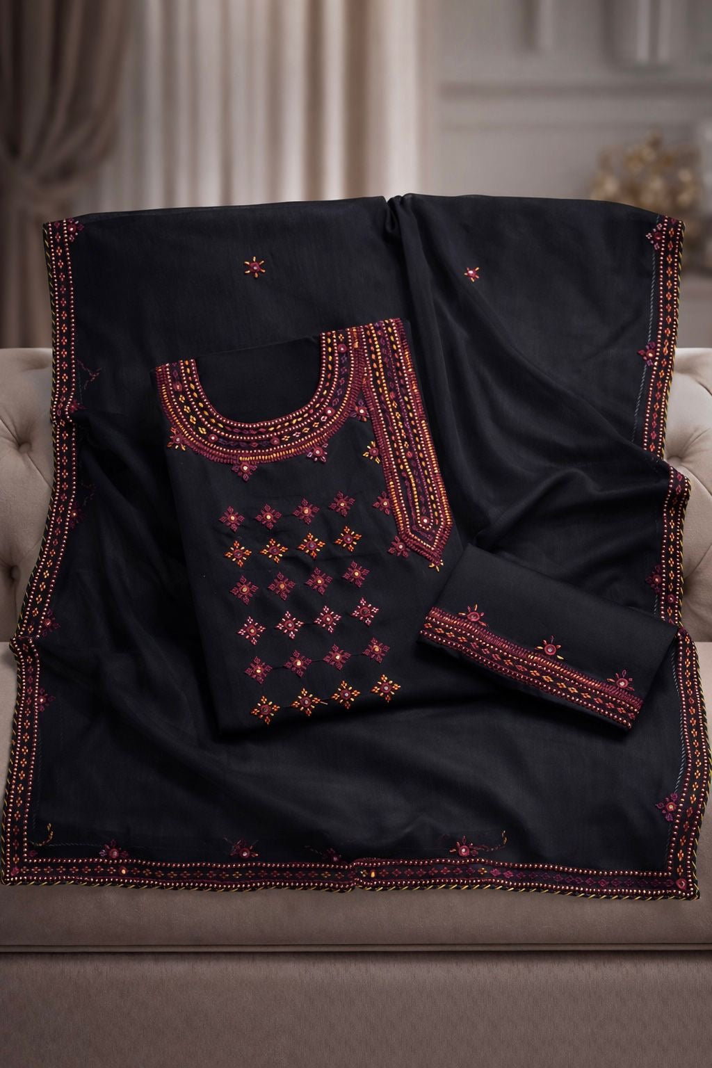 Angrakha Style Gala Balochi Handmade Original Mirror Work Lawn Cotton with Chiffon Dupatta - 3PC Unstitch Dress 👗
